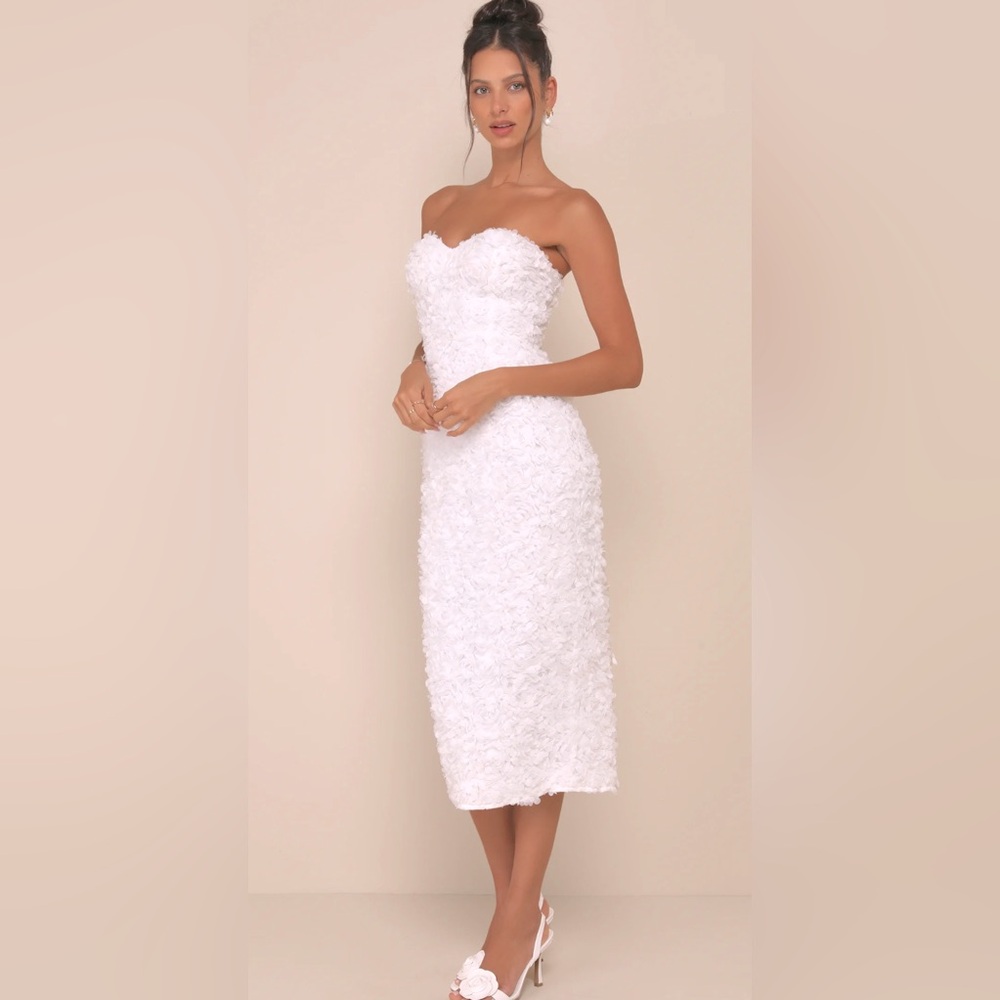 Lulus Gorgeous Mentality White 3D Floral Strapless Midi Dress - Picture 2 of 4